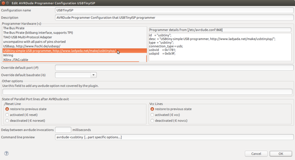 Eclipse preferences to configure AVRDude